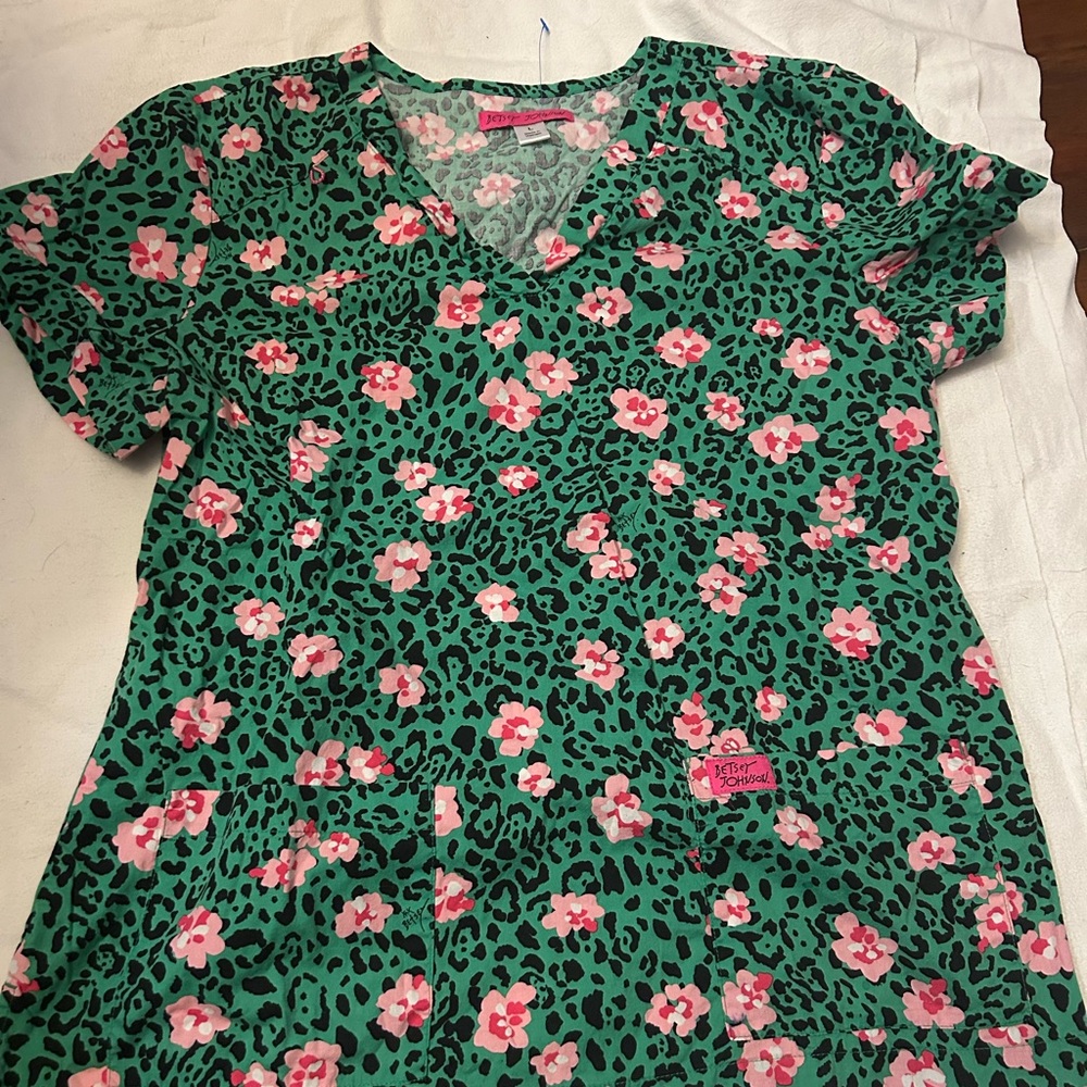 Betsey Johnson Green and Pink Leopard Floral Top scrub medical top